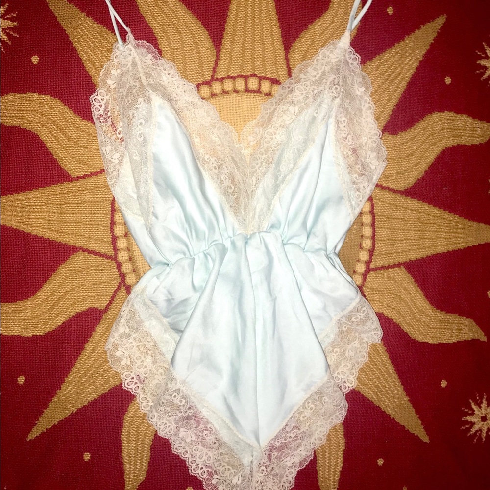 ✧ Vintage Satin & Lace Baby Blue Teddy Bodysuit ✧